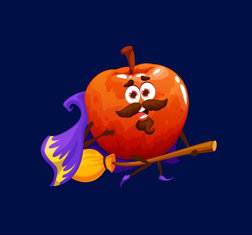 Cartoon Halloween red apple witch, wizard fruit vector