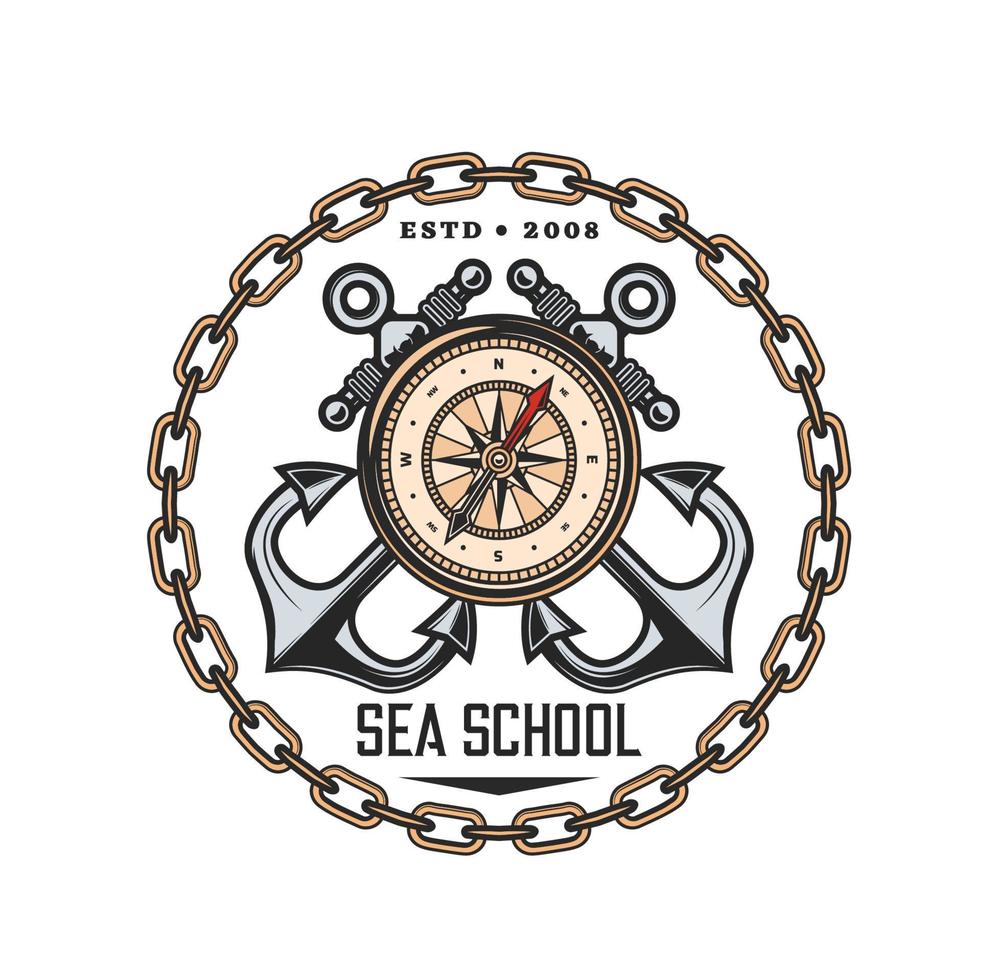 Sea school heraldic icon, compass, crossed anchors vector