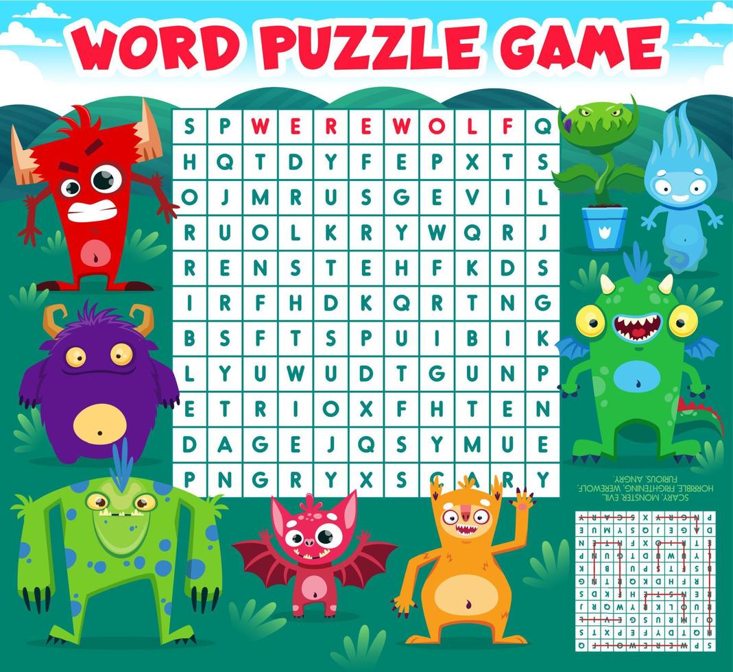 Word search puzzle game with monster characters vector