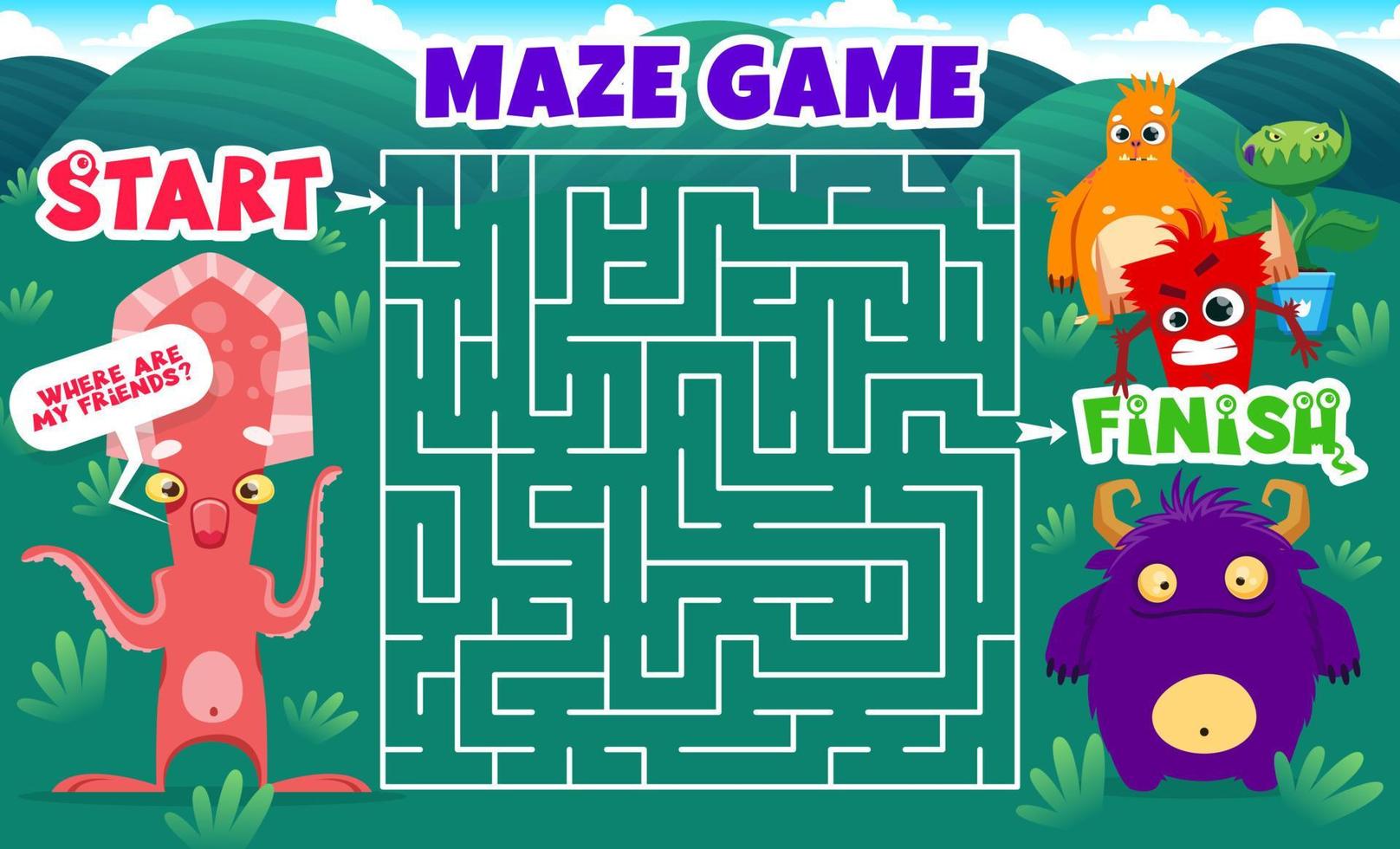 Labyrinth maze with cartoon monster characters vector