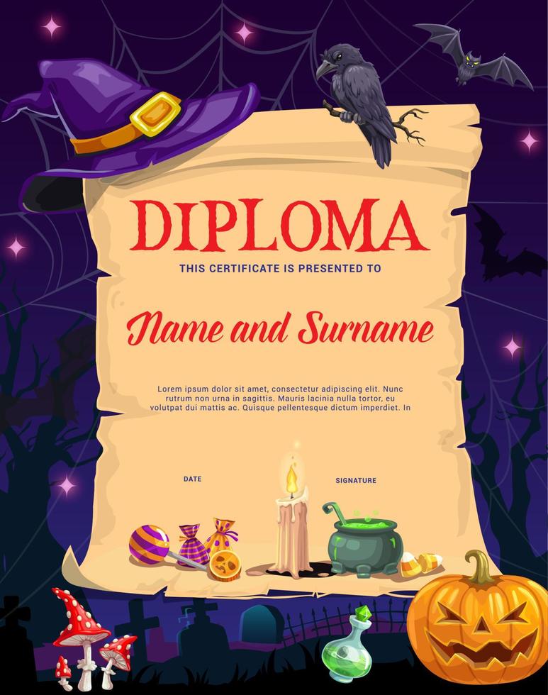 diploma de halloween con pergamino de hechizo, sombrero de bruja vector