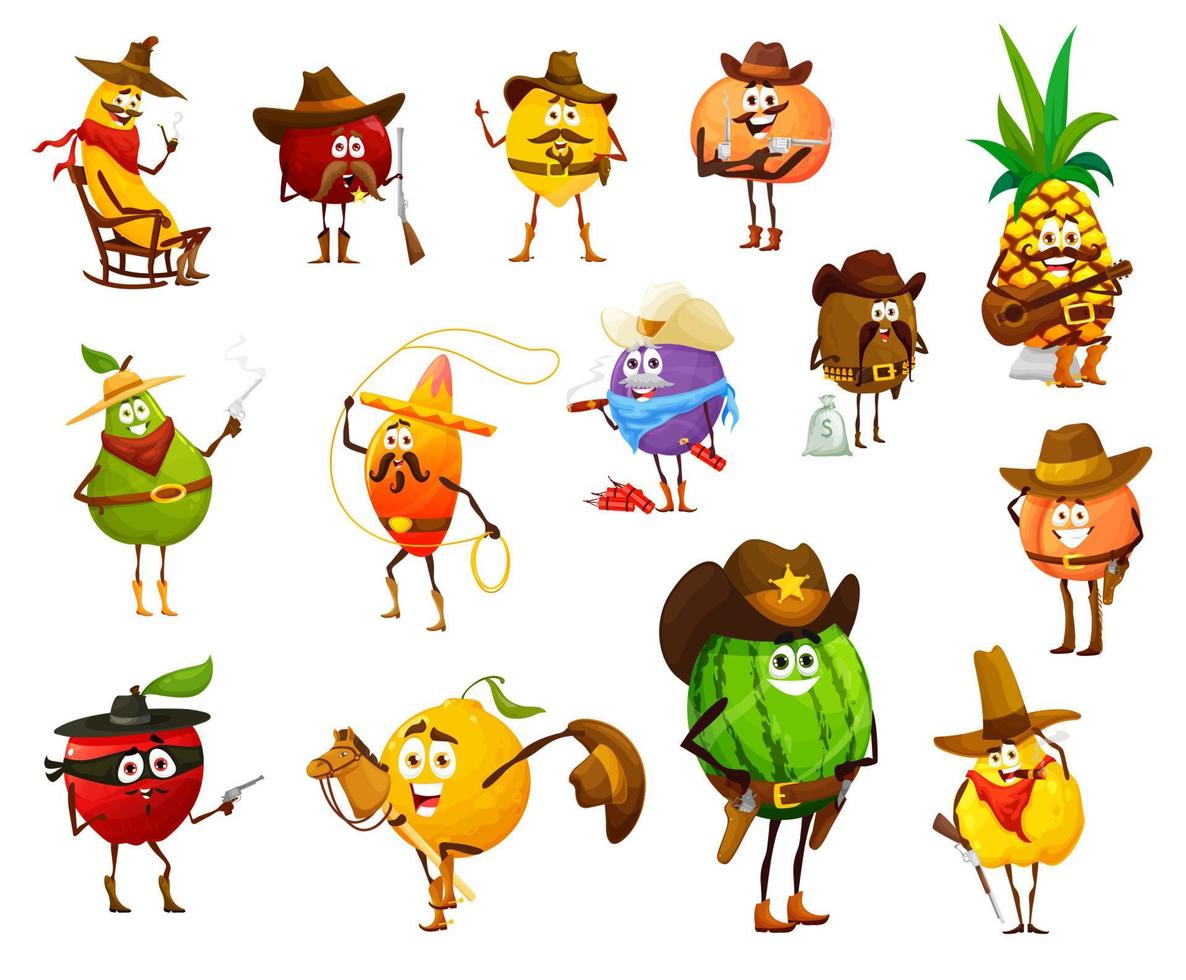 frutas de vaquero, sheriff, ladrón y guardabosques de dibujos animados vector