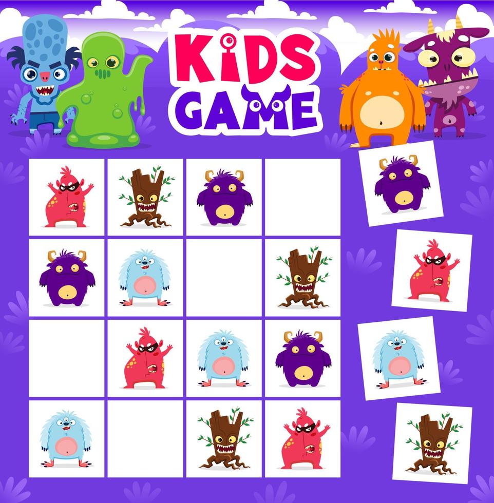 Sudoku kids game with cartoon monster characters vector