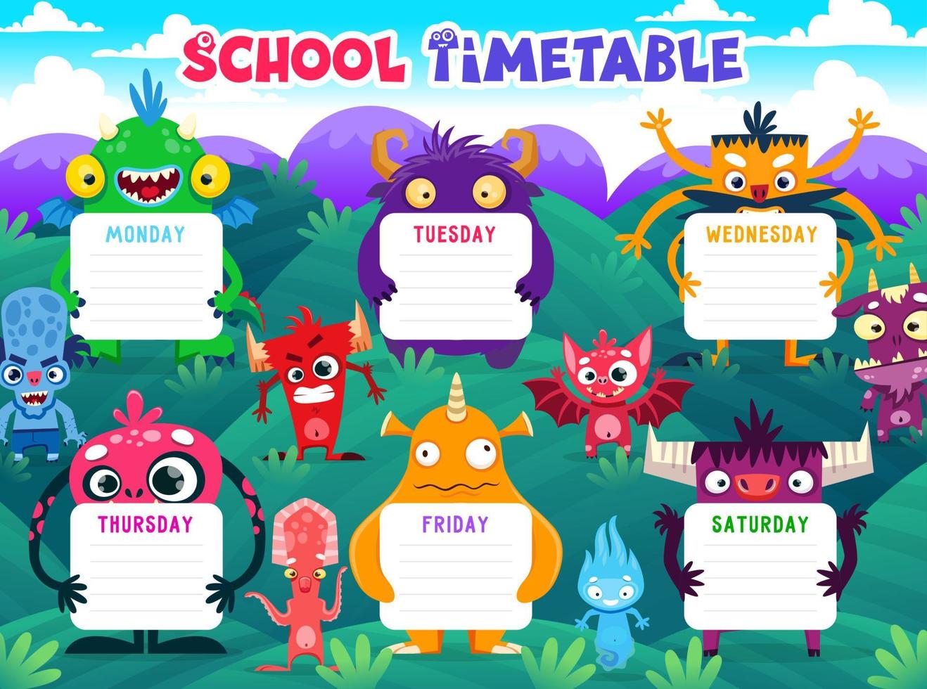 Timetable schedule with cartoon monster characters vector