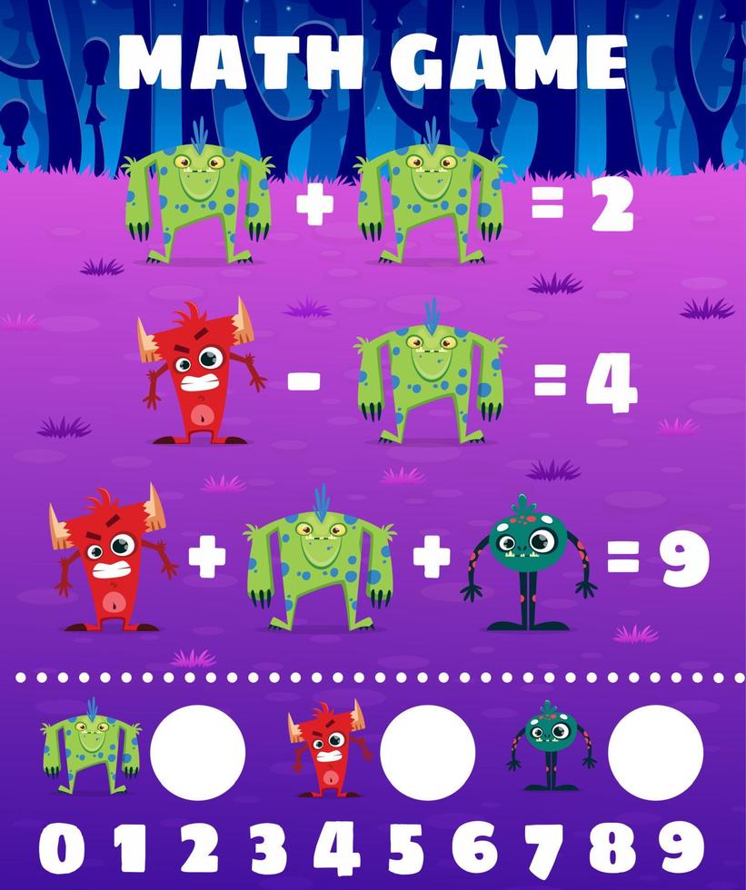 Cartoon monsters characters math game worksheet vector