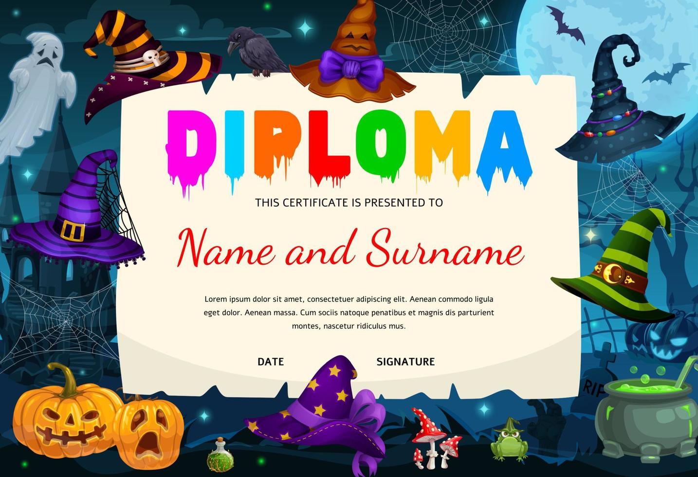 Halloween diploma with witch hats, pumpkin, cobweb vector
