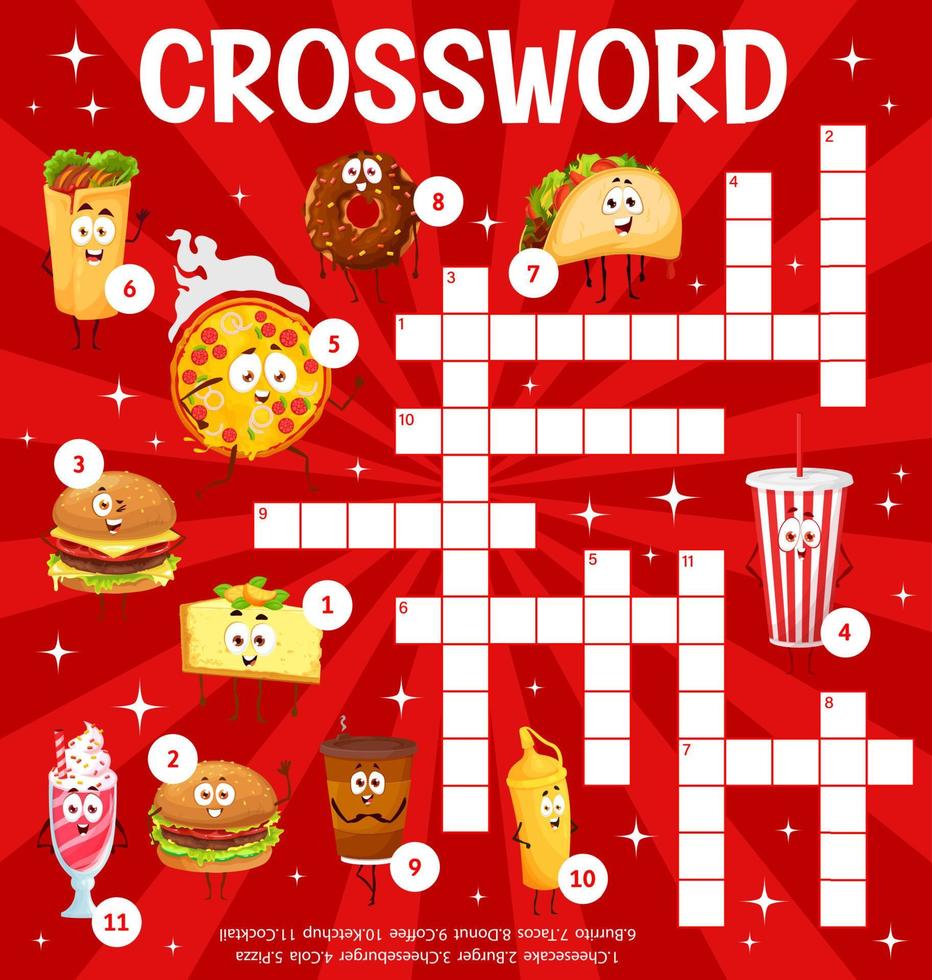 Cartoon takeaway fast food, crossword puzzle game vector