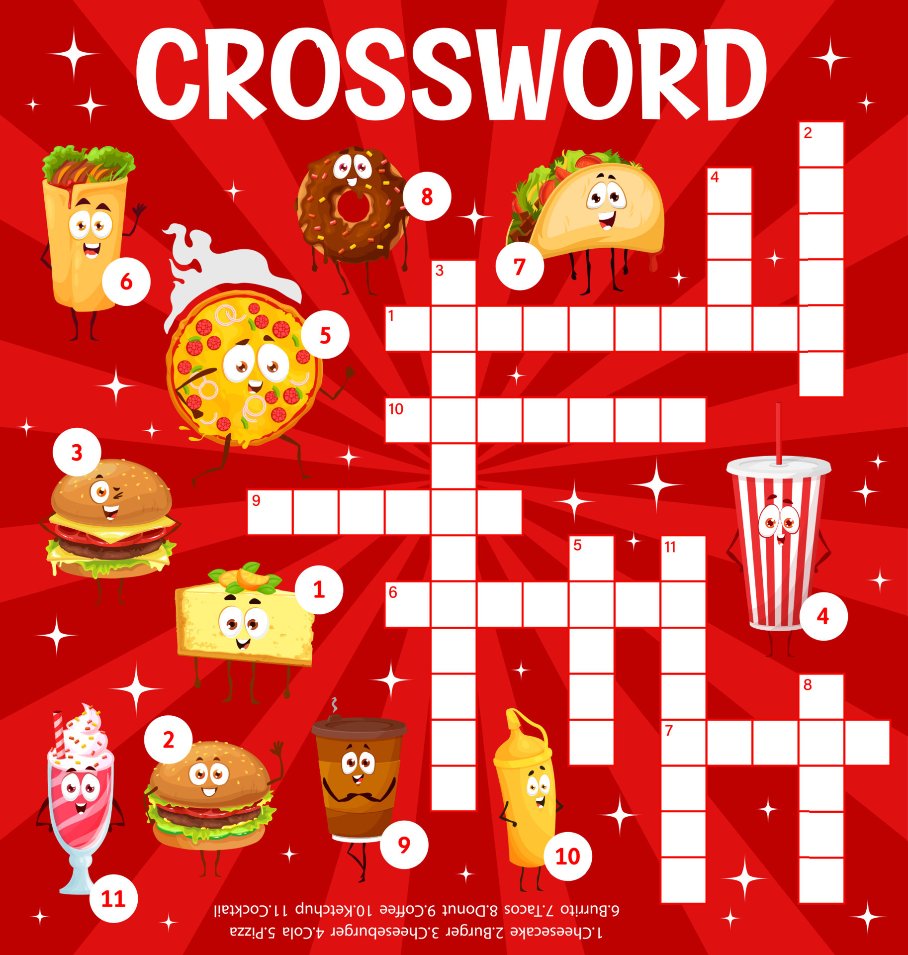 Cartoon takeaway fast food, crossword puzzle game 11458377 Vector Art