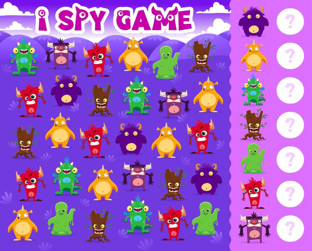 I spy game with cute cartoon monster characters vector