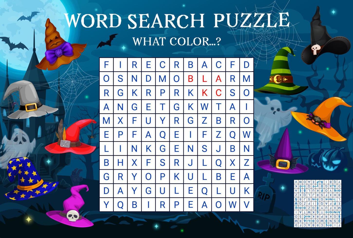 Find color of Halloween witch hat word search game vector