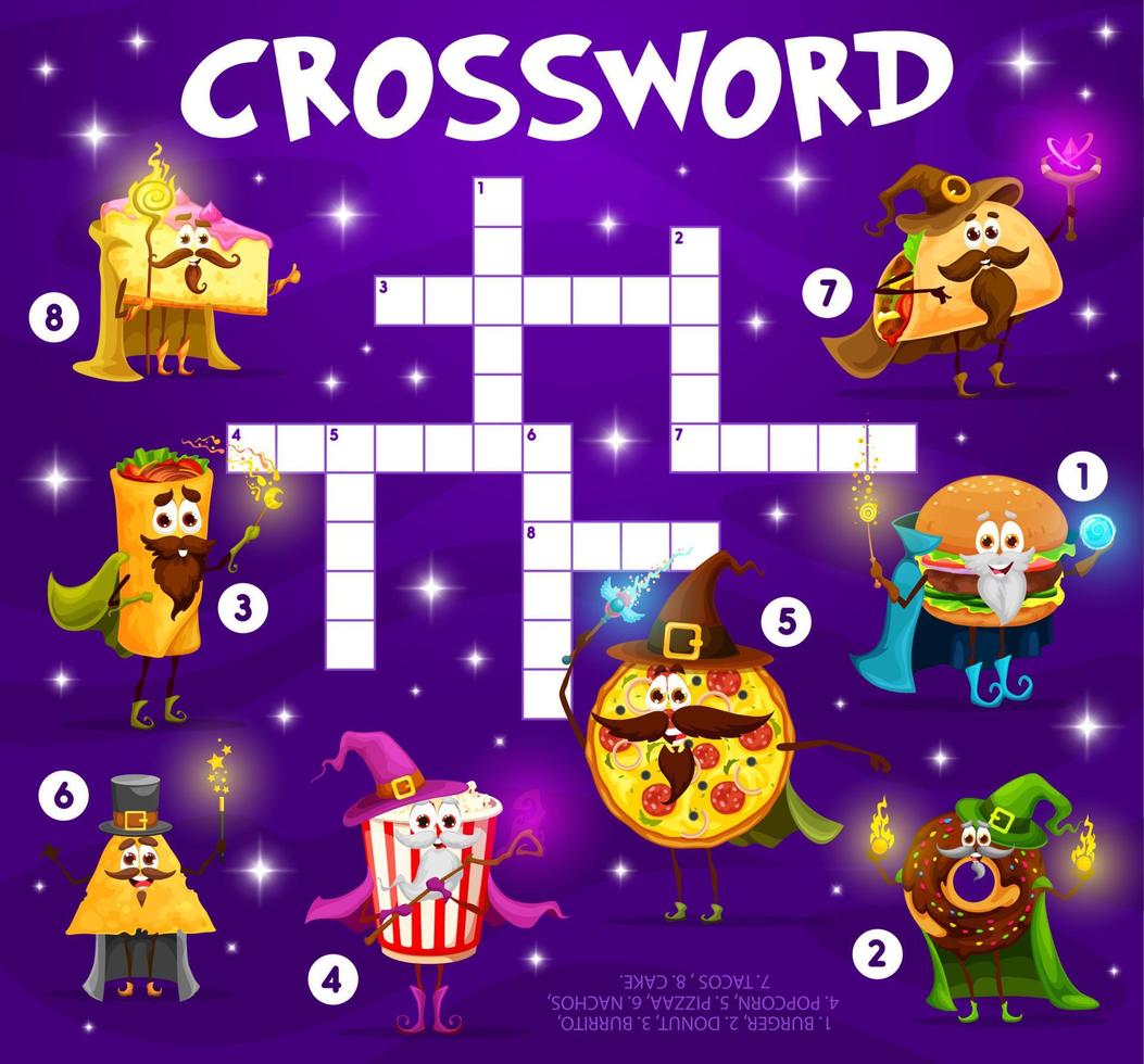 Crossword quiz game, Halloween fast food wizards vector