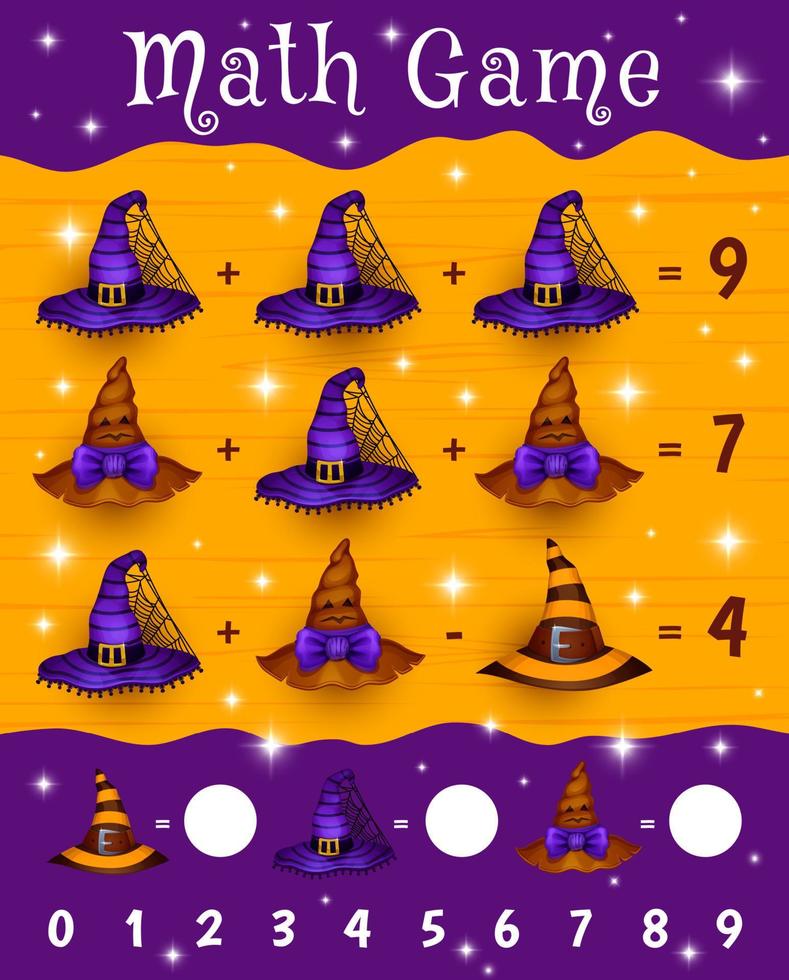 Halloween witch hats on kids math game worksheet vector