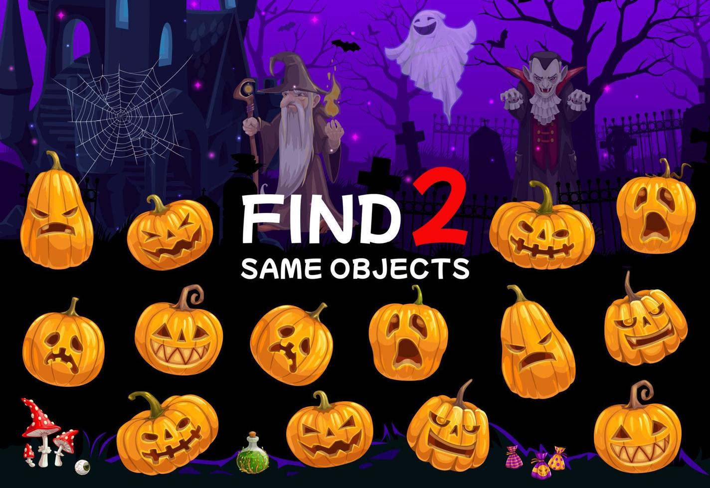 Find two same cartoon Halloween pumpkins game vector