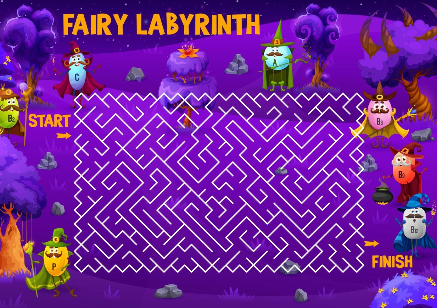 Labyrinth maze game with vitamin wizard characters vector