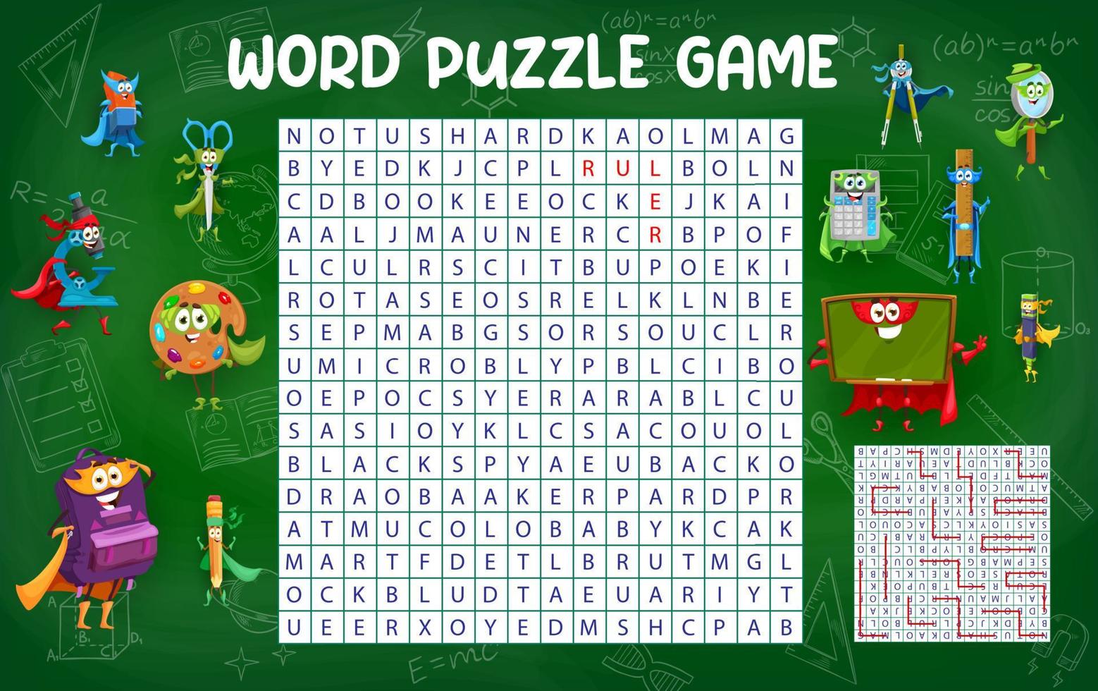 Word search puzzle with cute school hero character vector