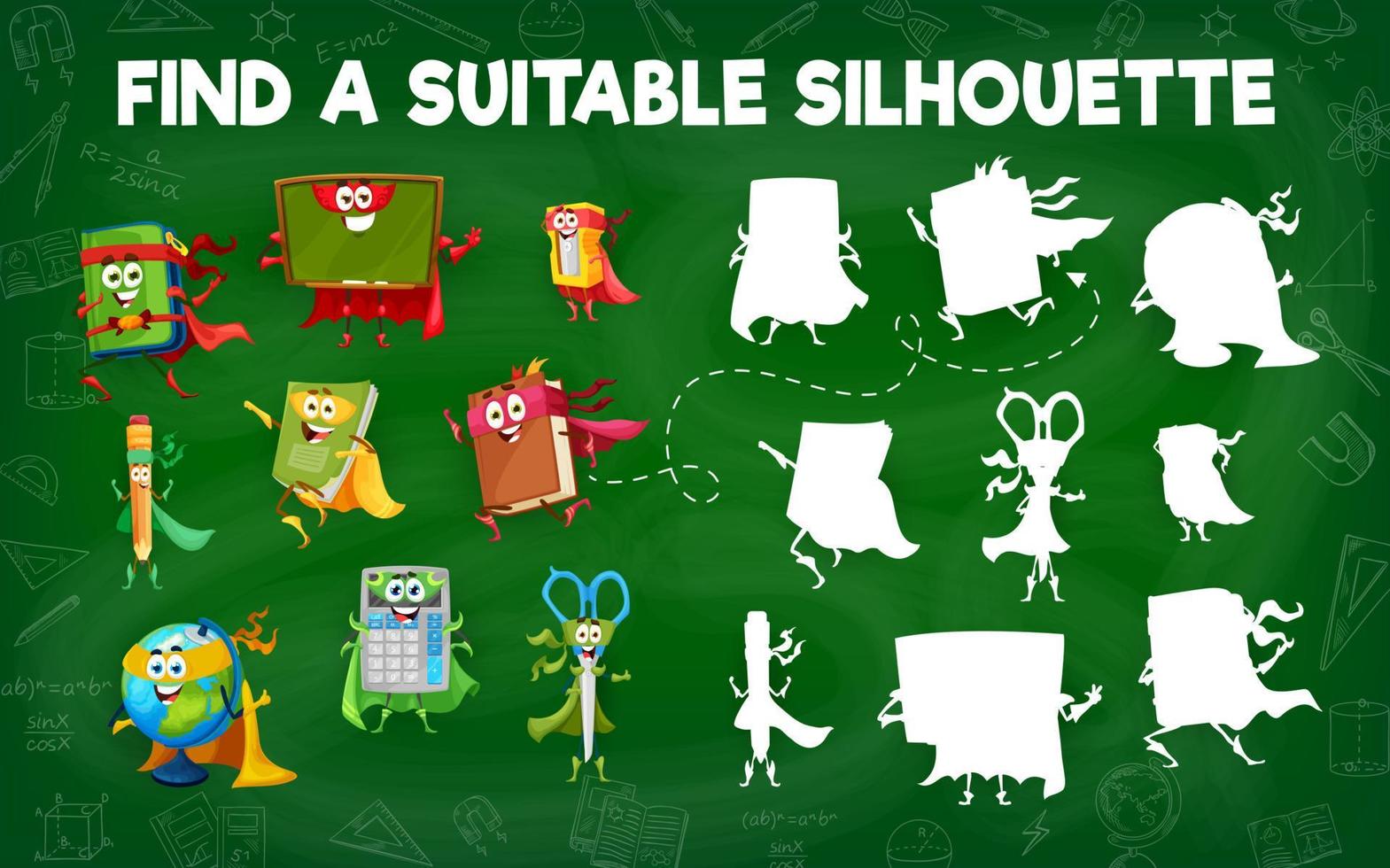 Find suitable silhouette of school hero characters vector
