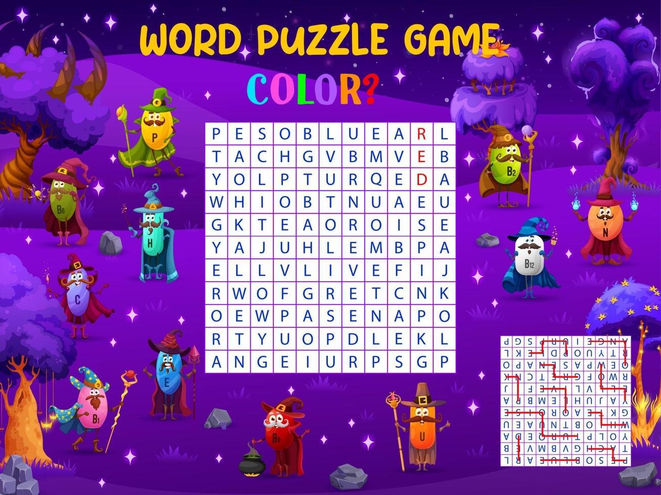 Word search puzzle game, cartoon vitamin wizards vector