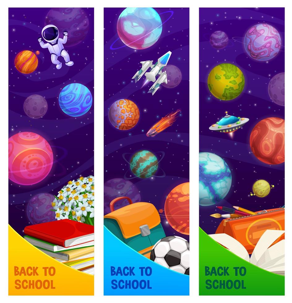 banner de regreso a la escuela con planeta espacial, nave espacial vector