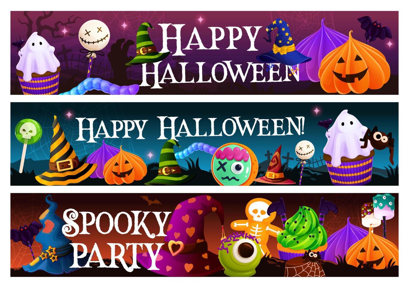 dulces de halloween de dibujos animados, postres y galletas vector