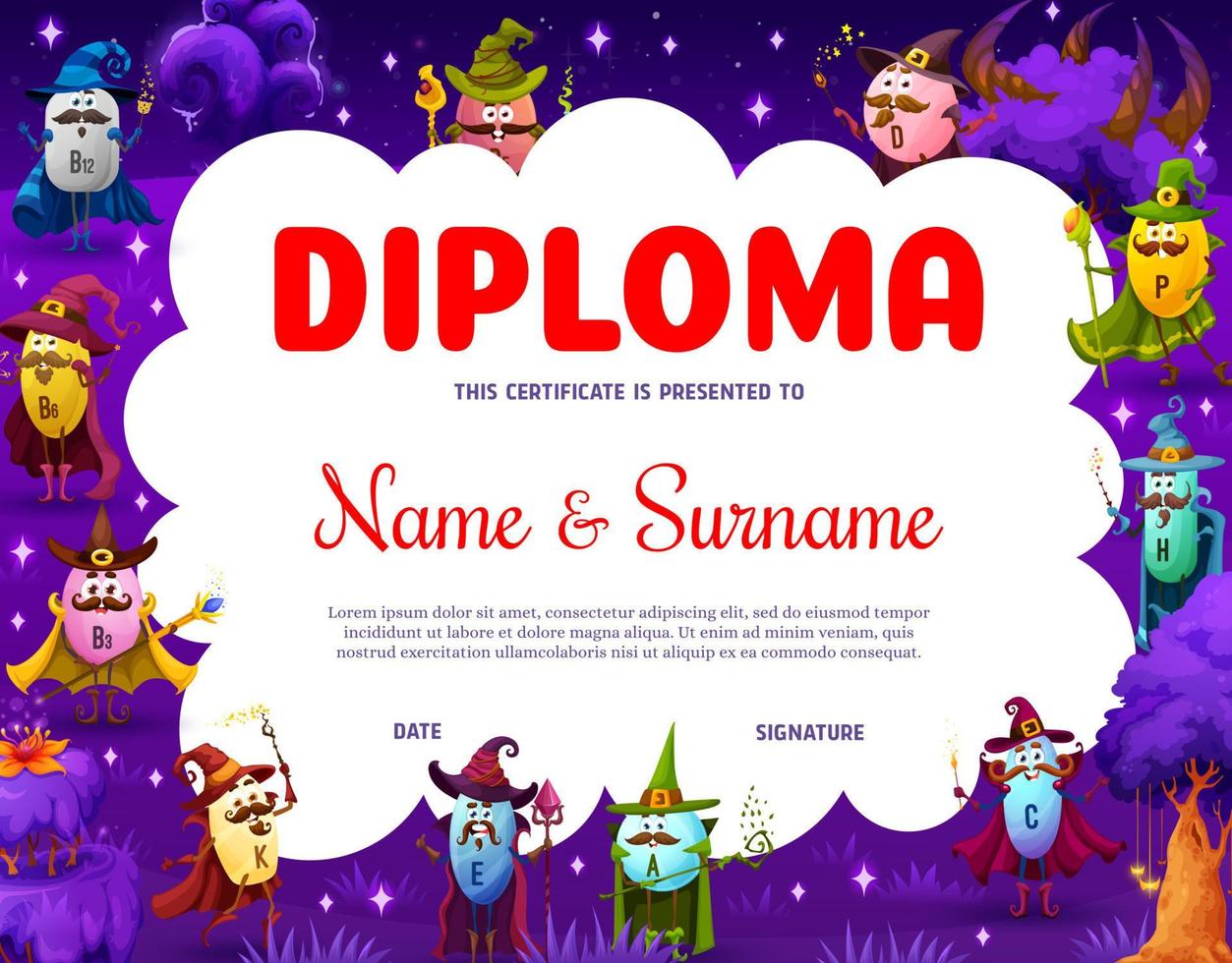 Kids diploma with cartoon vitamin wizard character vector