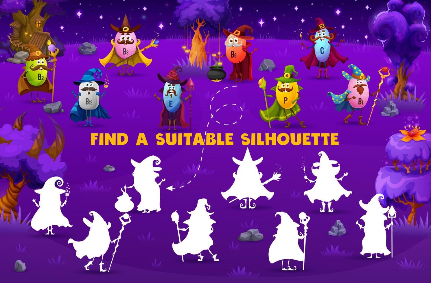 Find correct silhouette of cartoon vitamin wizard vector