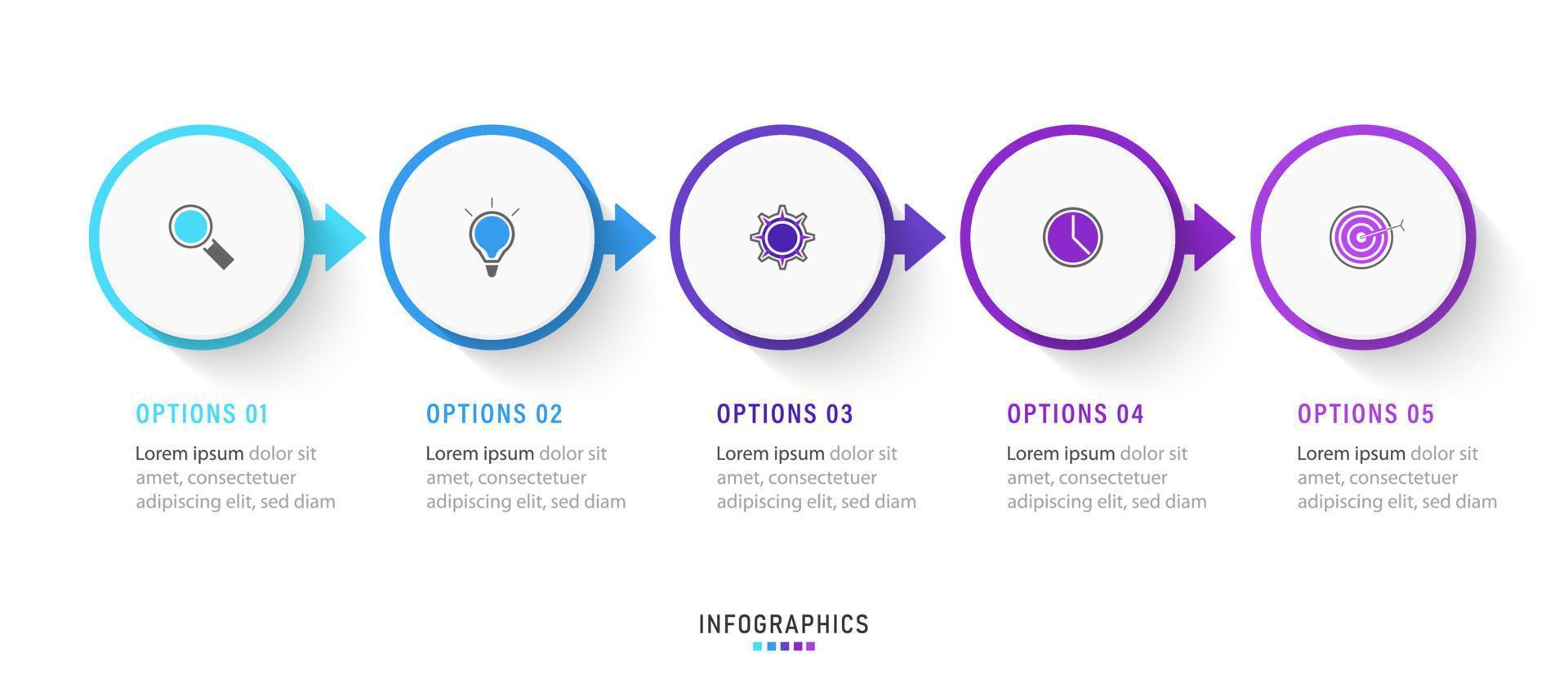 plantilla de diseño de etiquetas infográficas vectoriales con iconos y 5 opciones o pasos. se puede utilizar para diagramas de proceso, presentaciones, diseño de flujo de trabajo, banner, diagrama de flujo, gráfico de información. vector