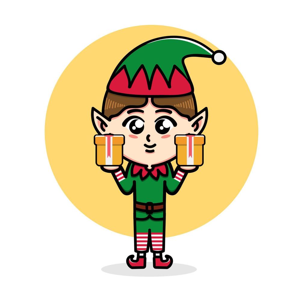 cute elf character design brings christmas gifts vector