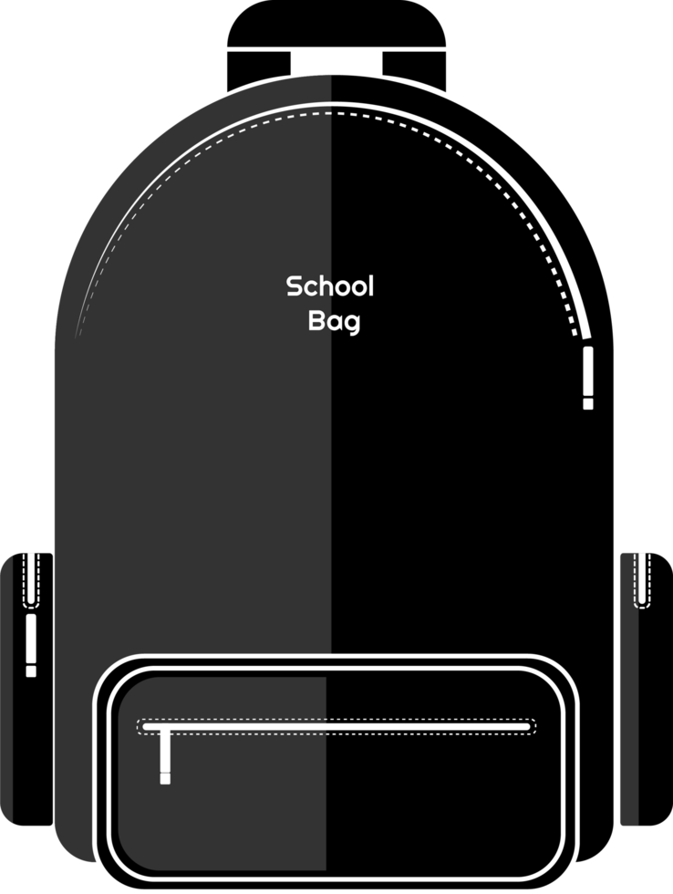 uma mochila escolar preta com bolsos frontais e laterais decorados com um zíper branco e um logotipo no meio que diz mochila escolar. png