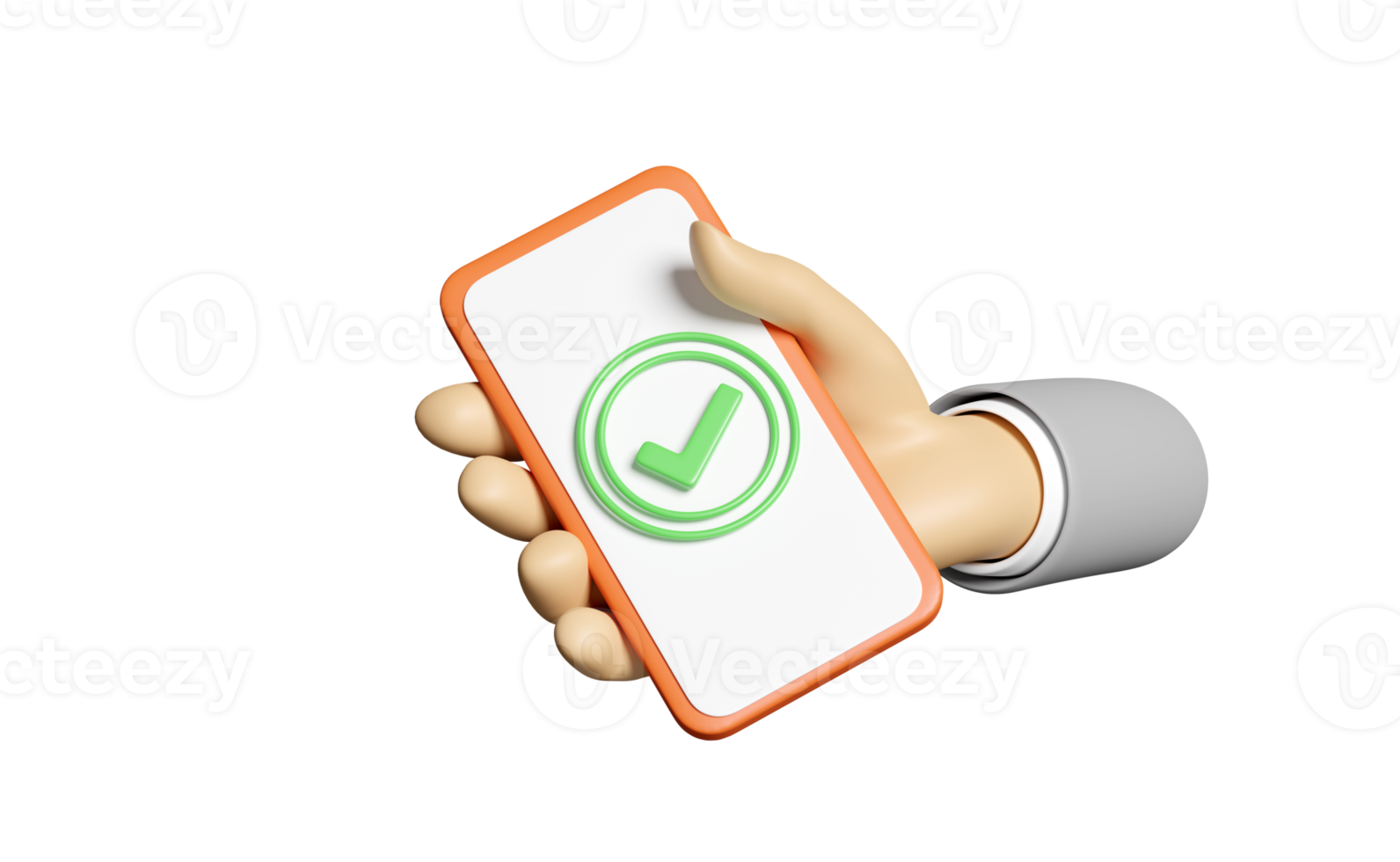 3d mano sosteniendo el teléfono inteligente con marcas de verificación, símbolos de marca aislados. mano usando teléfono móvil, concepto mínimo, ilustración de presentación 3d png
