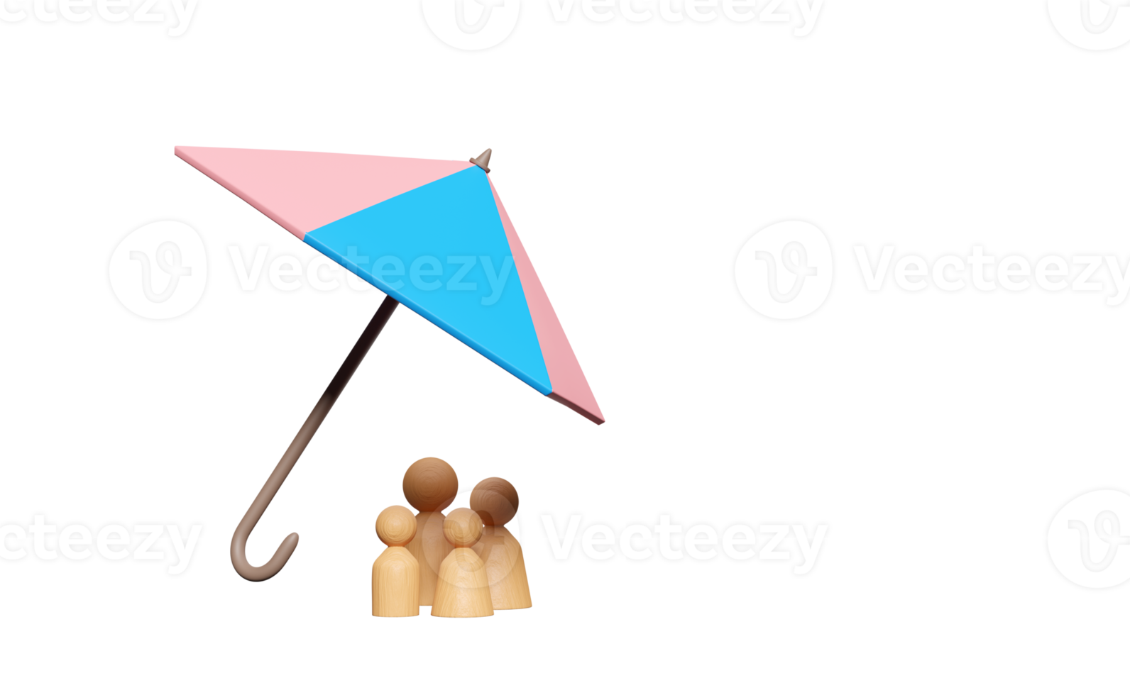 Paraguas 3d que protege a la familia modelo con figuras de muñecas de madera aisladas. familia feliz, protección, concepto de seguro de accidentes, ilustración 3d png