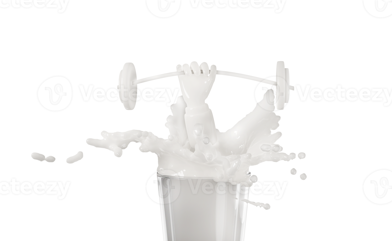 3d milk or yogurt ripple splash in the glass with hands holding barbells isolated. 3d render illustration png