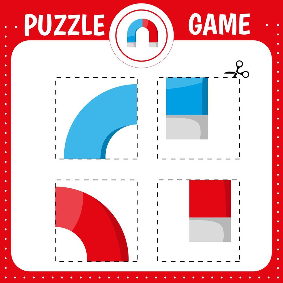 Puzzle game for kids. Cut and glue magnet. Cutting practice.  Education developing worksheet. Activity page. vector