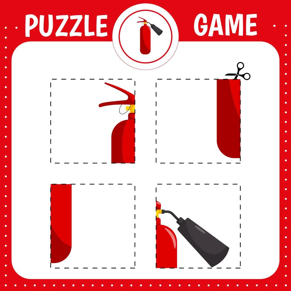 Puzzle game for kids. Fire extinguisher.  Cutting practice. Education developing worksheet. Activity page. vector