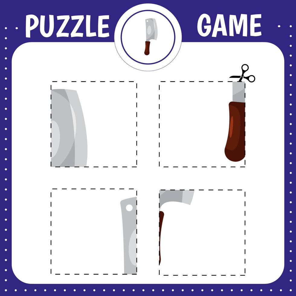 Puzzle game for kids. Cut and glue knife. Cutting practice.  Education developing worksheet. Activity page. vector