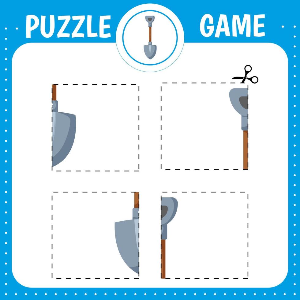 Puzzle game for kids. Cut and glue shovel. Cutting practice.  Education developing worksheet. Activity page. vector