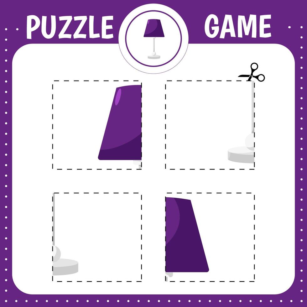 Puzzle game for kids. Cut and glue lamp. Cutting practice.  Education developing worksheet. Activity page. vector