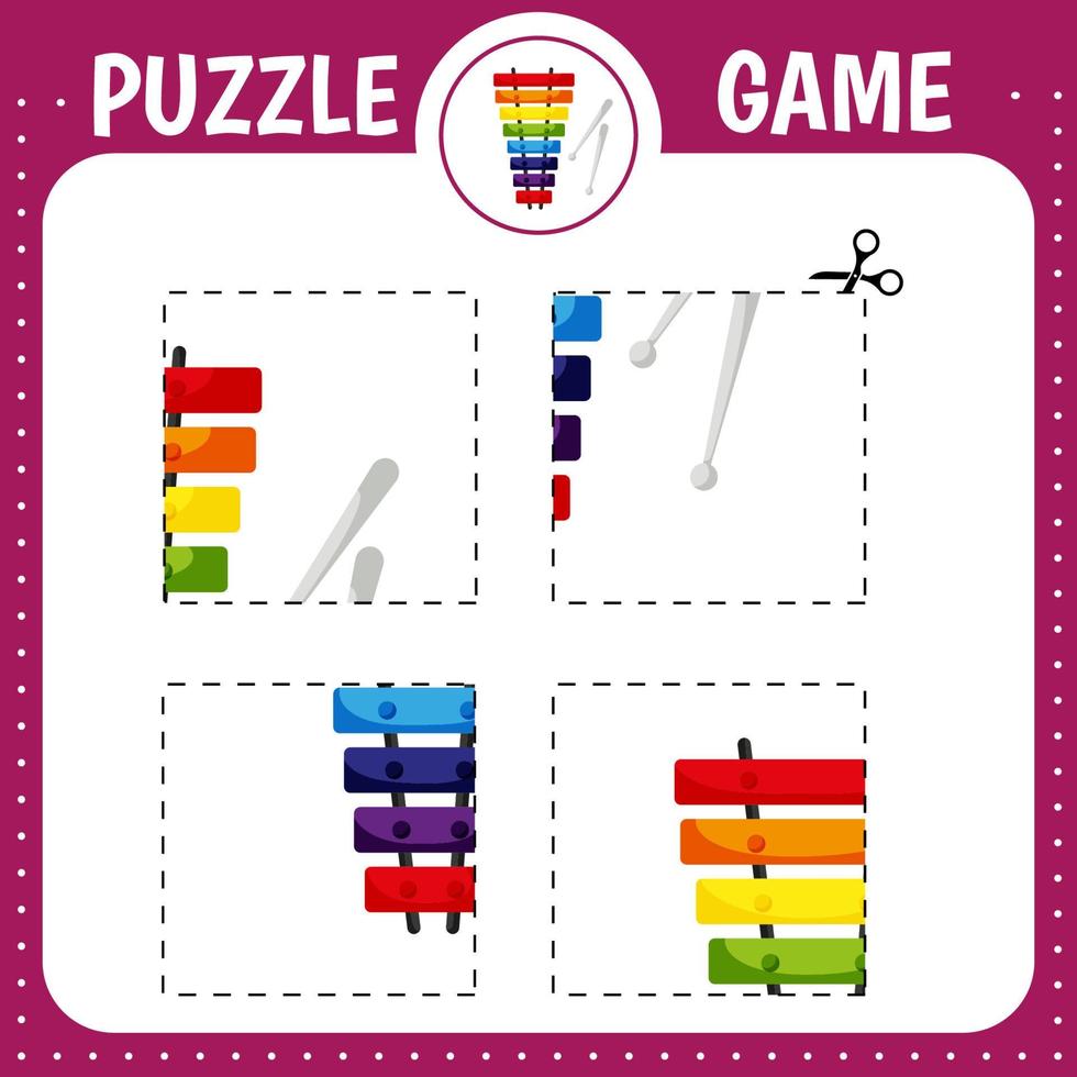 xylophone. Puzzle game for kids. Cutting practice. Education developing worksheet. Activity page. vector