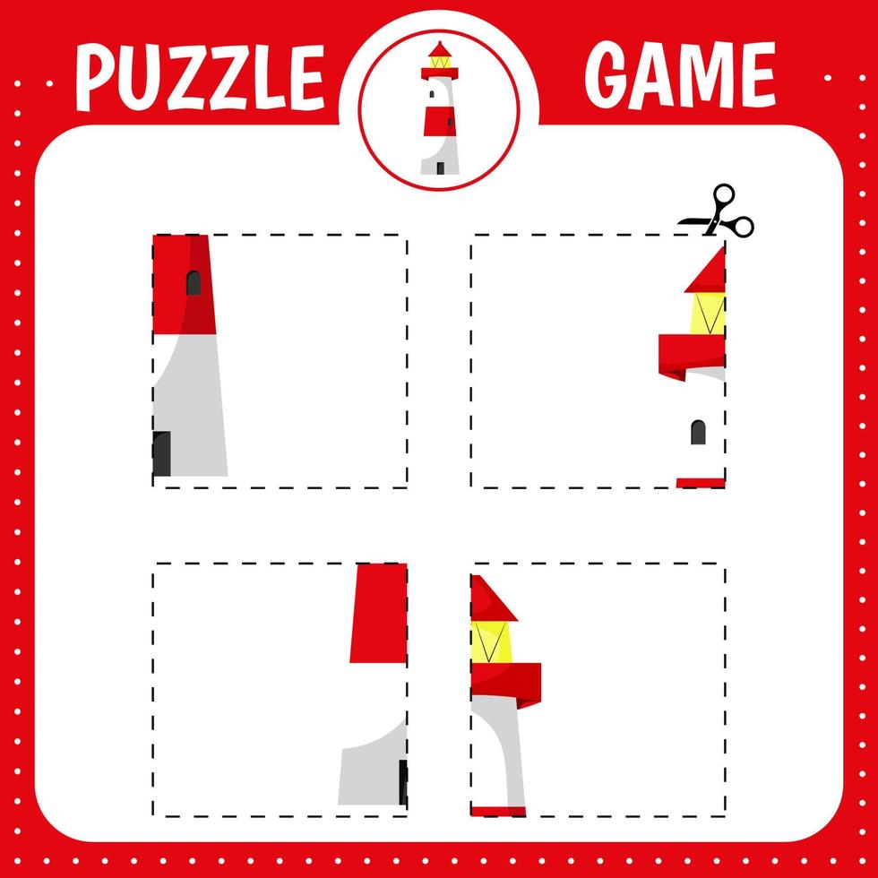 Puzzle game for kids. Cutting practice. lighthouse puzzle. Education developing worksheet. Activity page. vector