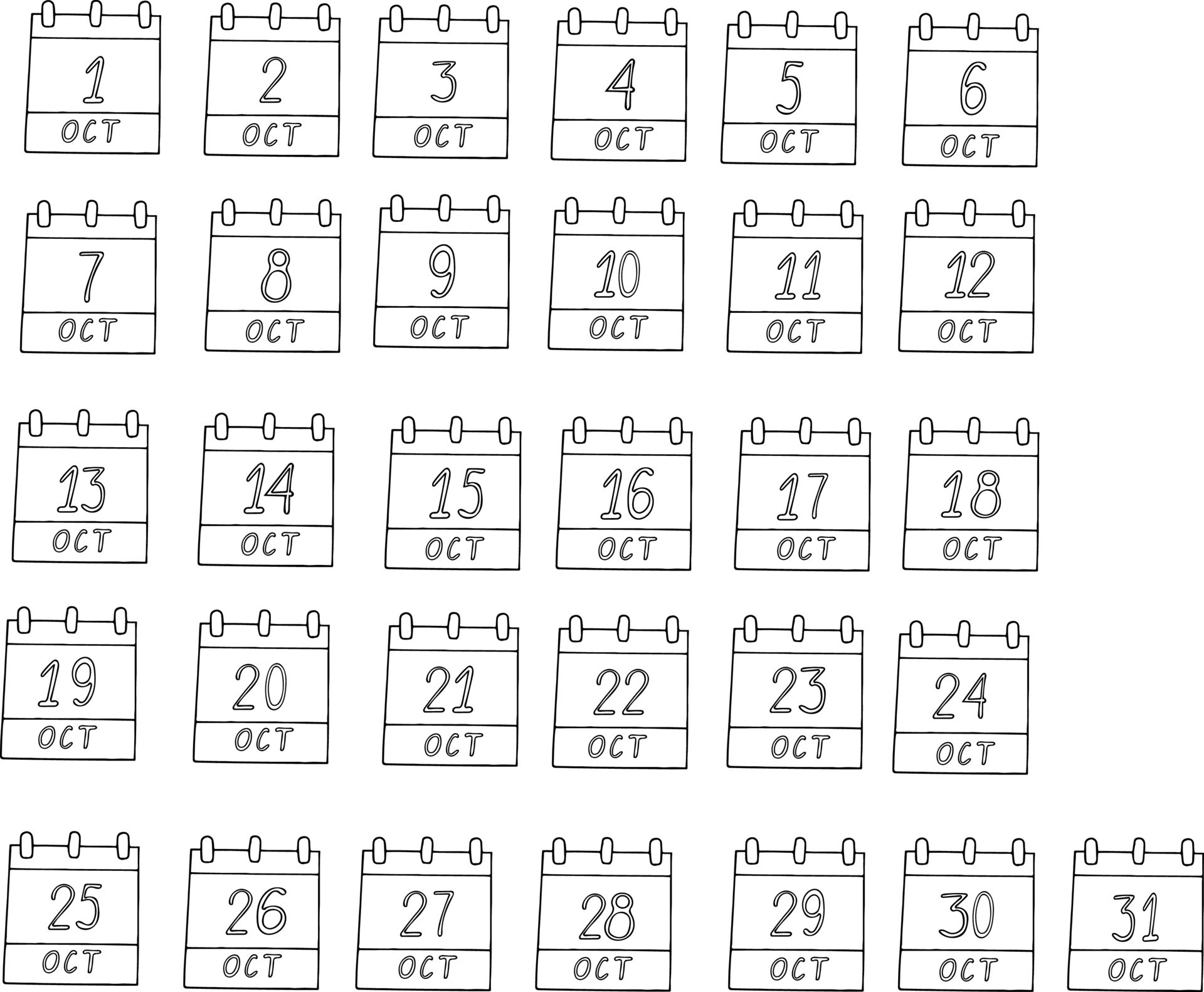 October Month Calendar Set Page Hand Drawn In Doodle Style Minimalism october-month-calendar-set-page-hand-drawn-in-doodle-style-minimalism
