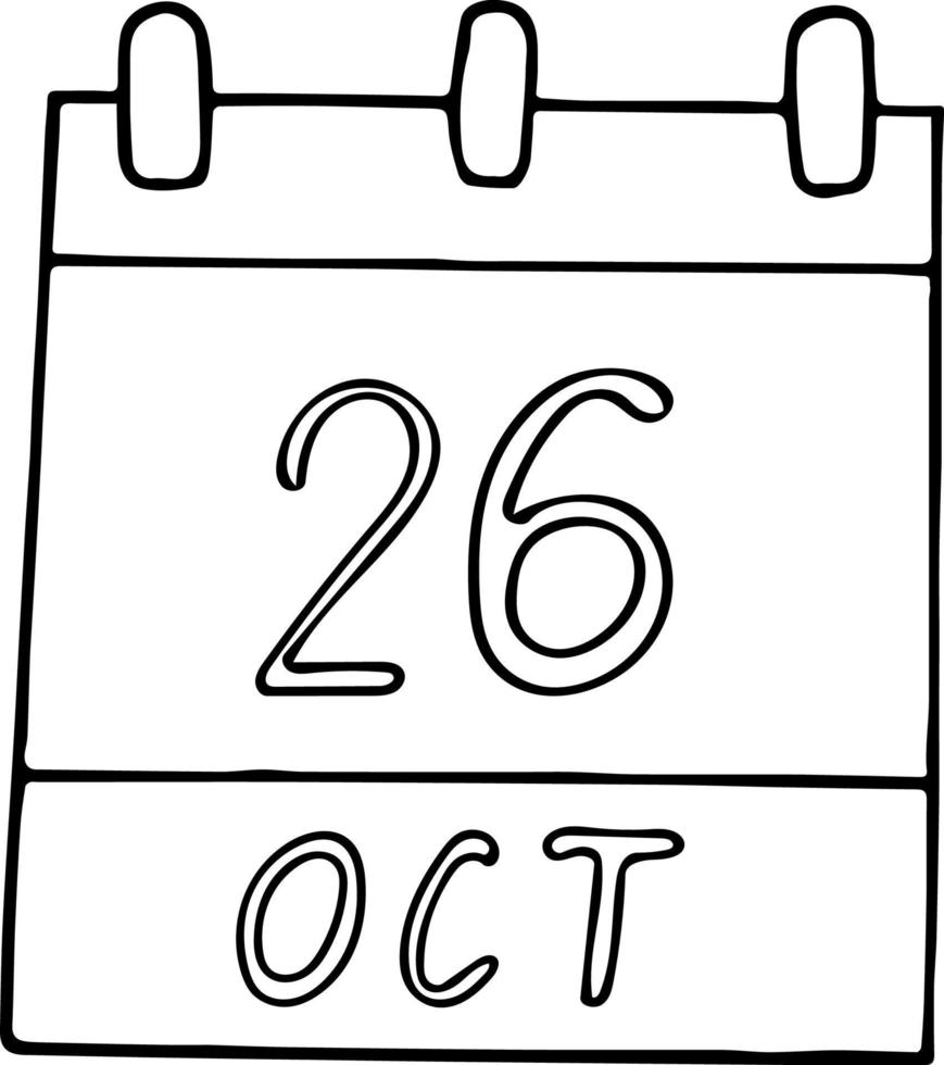 calendar hand drawn in doodle style. October 26. International School Library Day, date. icon, sticker element for design. planning, business holiday vector