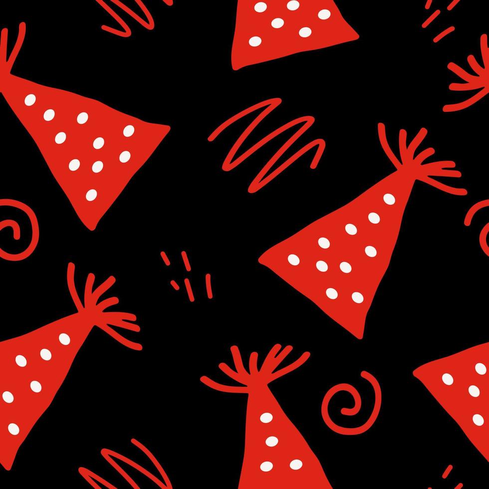 sombrero de fiesta y garabatos de patrones sin fisuras. dibujado a mano. papel pintado, papel de regalo, textiles. cumpleaños, año nuevo, vacaciones rojo vector