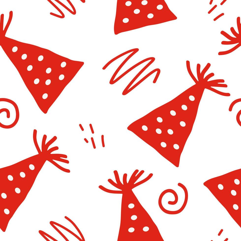sombrero de fiesta y garabatos de patrones sin fisuras. dibujado a mano. papel pintado, papel de regalo, textiles. cumpleaños, año nuevo, vacaciones rojo vector
