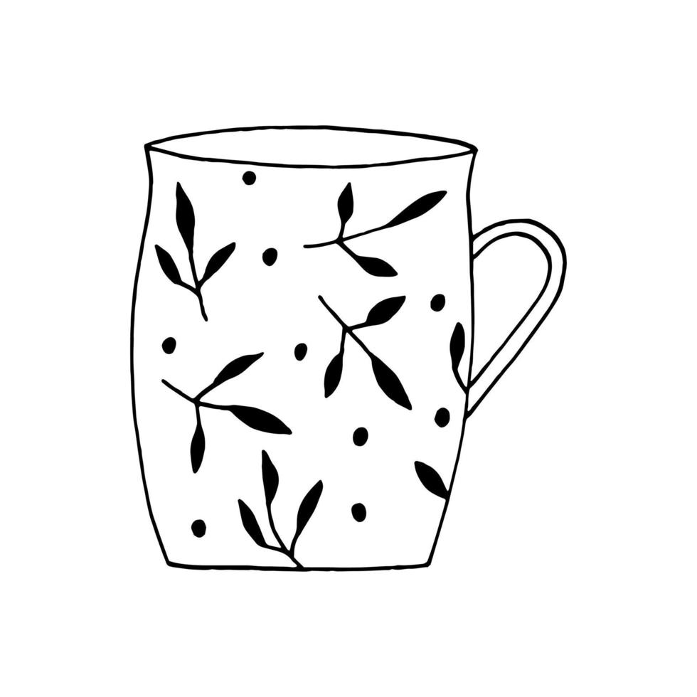 taza con hojas dibujadas a mano en estilo garabato vector