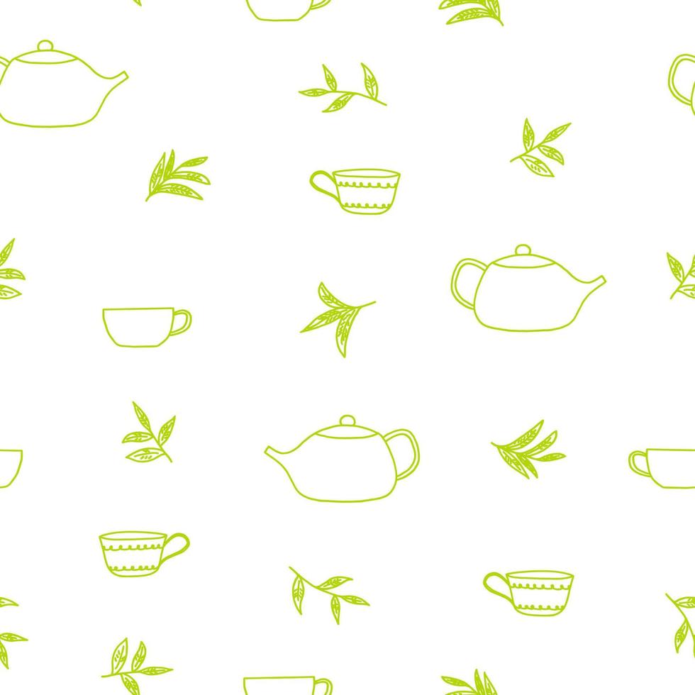 taza, tetera, hojas de té patrón sin costuras dibujado a mano en estilo garabato. bebida caliente, ceremonia del té. textil, papel de regalo, fondo, papel pintado vector