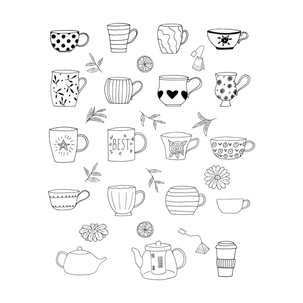 cups and teapots set hand drawn in doodle style. vector, minimalism, monochrome, scandinavian. icon, sticker vector