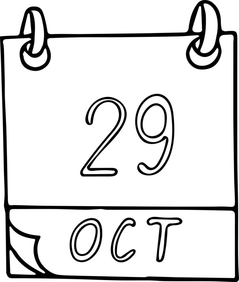 calendario dibujado a mano en estilo garabato. 29 de octubre. día mundial del ictus, psoriasis, fecha. icono, elemento adhesivo para el diseño. planificación, vacaciones de negocios vector