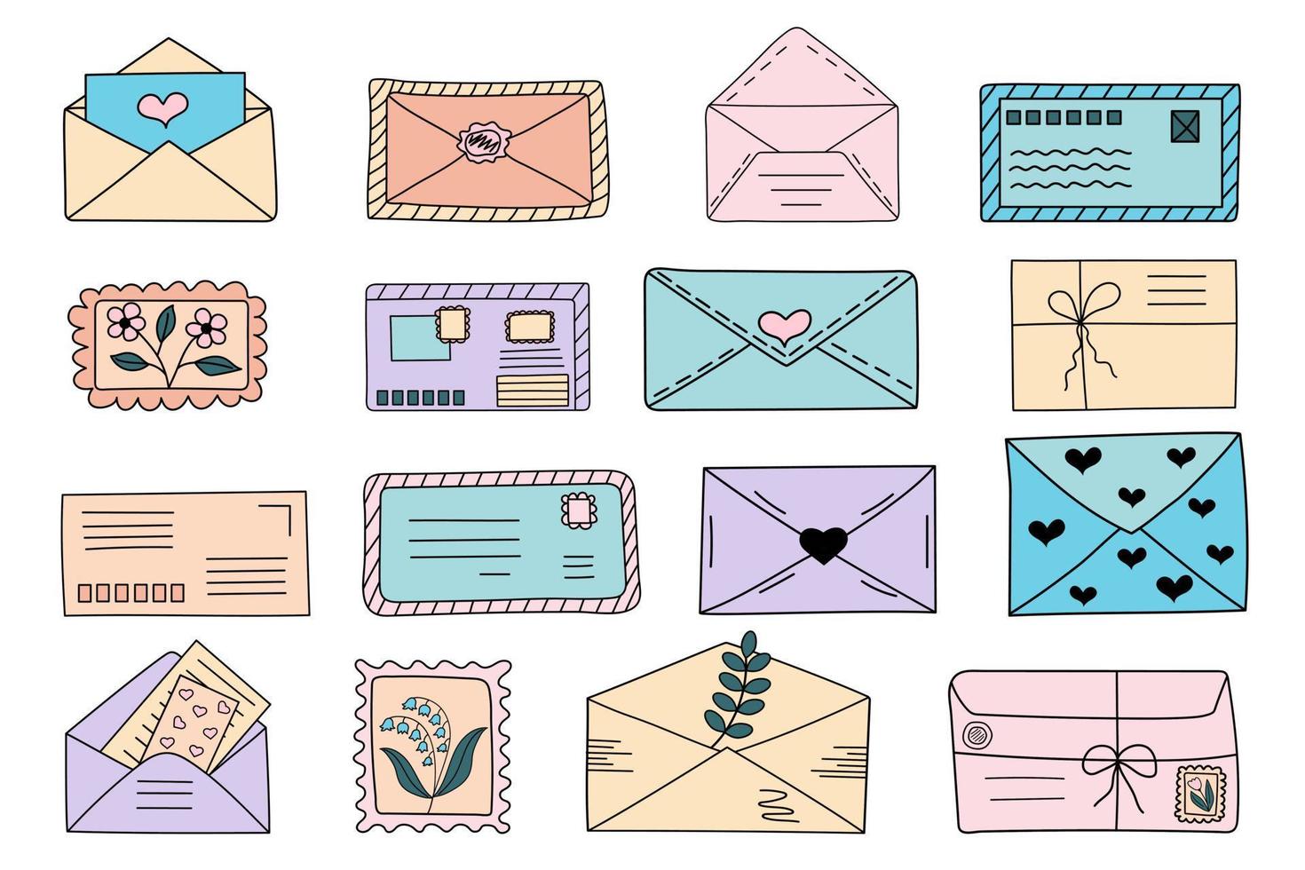 Set of doodle envelopes, postage stamps, postcards. Hand drawn vector