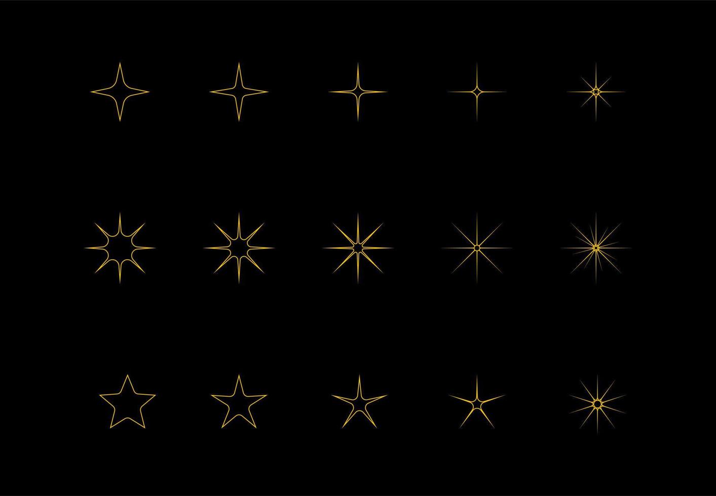 Vector yellow, gold, orange sparkling outlines symbol isolated on black background. Set of original vector sparkle stars icons. Bright fireworks, twinkling decorations, sparkling flashes. Vector Set