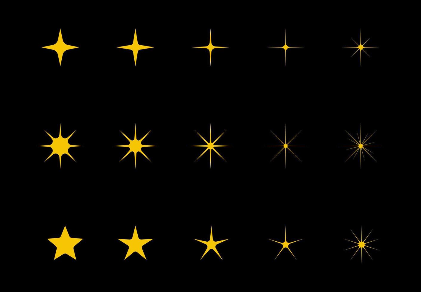 vector amarillo, dorado, naranja brillante símbolo aislado sobre fondo negro. conjunto de iconos de estrellas brillantes vectoriales originales. fuegos artificiales brillantes, decoraciones centelleantes, destellos brillantes. conjunto de vectores