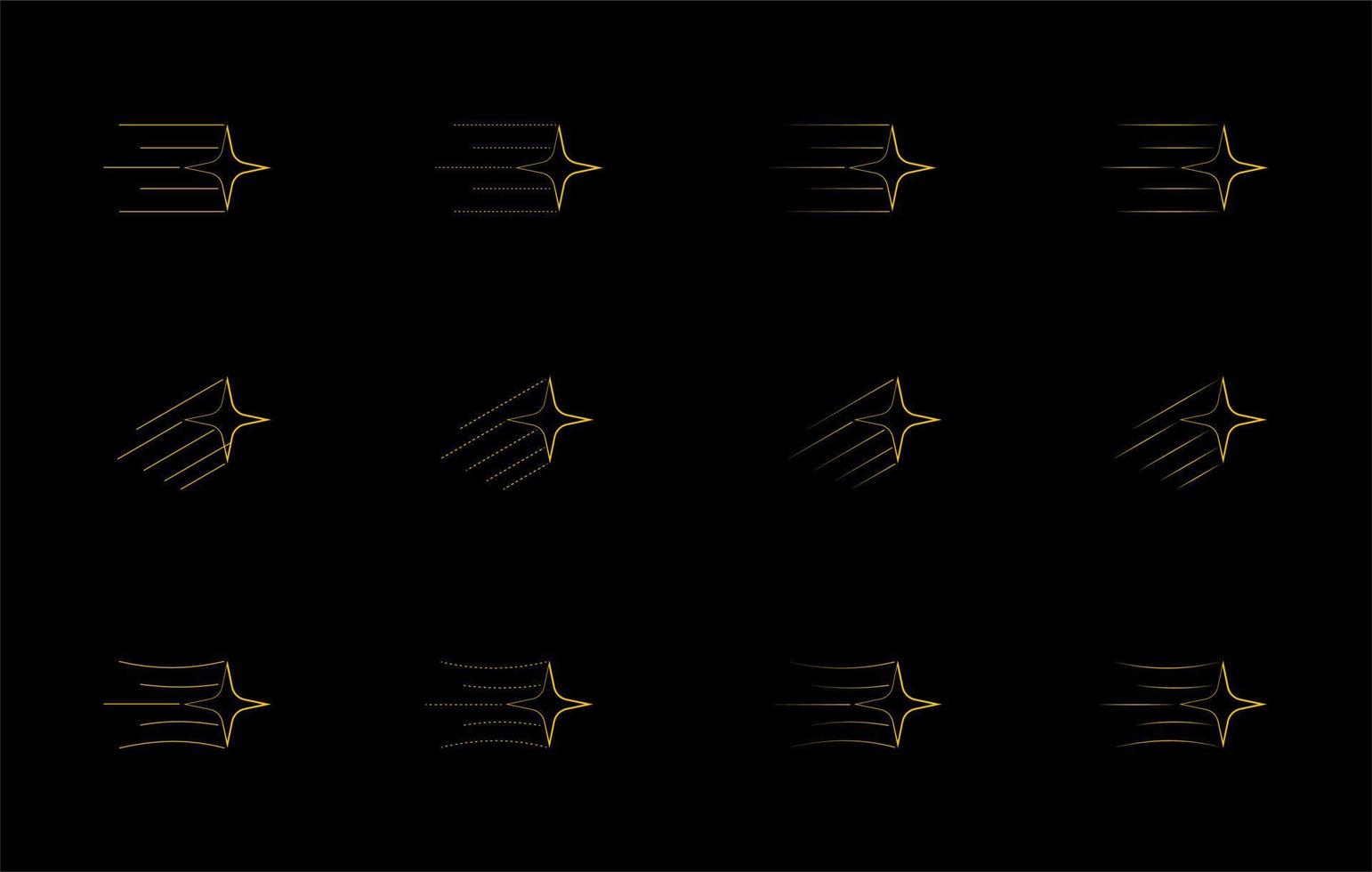 Yellow, gold, orange shooting star outline icon isolated on black background. Comet tail or star trail vector isolated on a white background. Simple meteorite shooting star dust